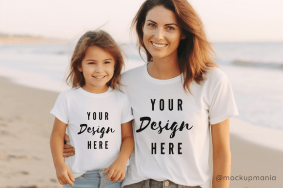 Beach Mom and Me White T-shirt Mockup for Graphics and Merch